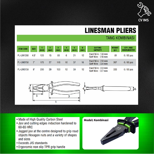 Tang Kombinasi / Linesman Pliers 4.5 inch / 7 inch / 8 inch TEKIRO
